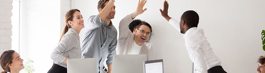Happy diverse workmates giving high five celebrating corporate success feels excited in workplace, succeed common goal career growth concept, banner for website header design with copy space for text